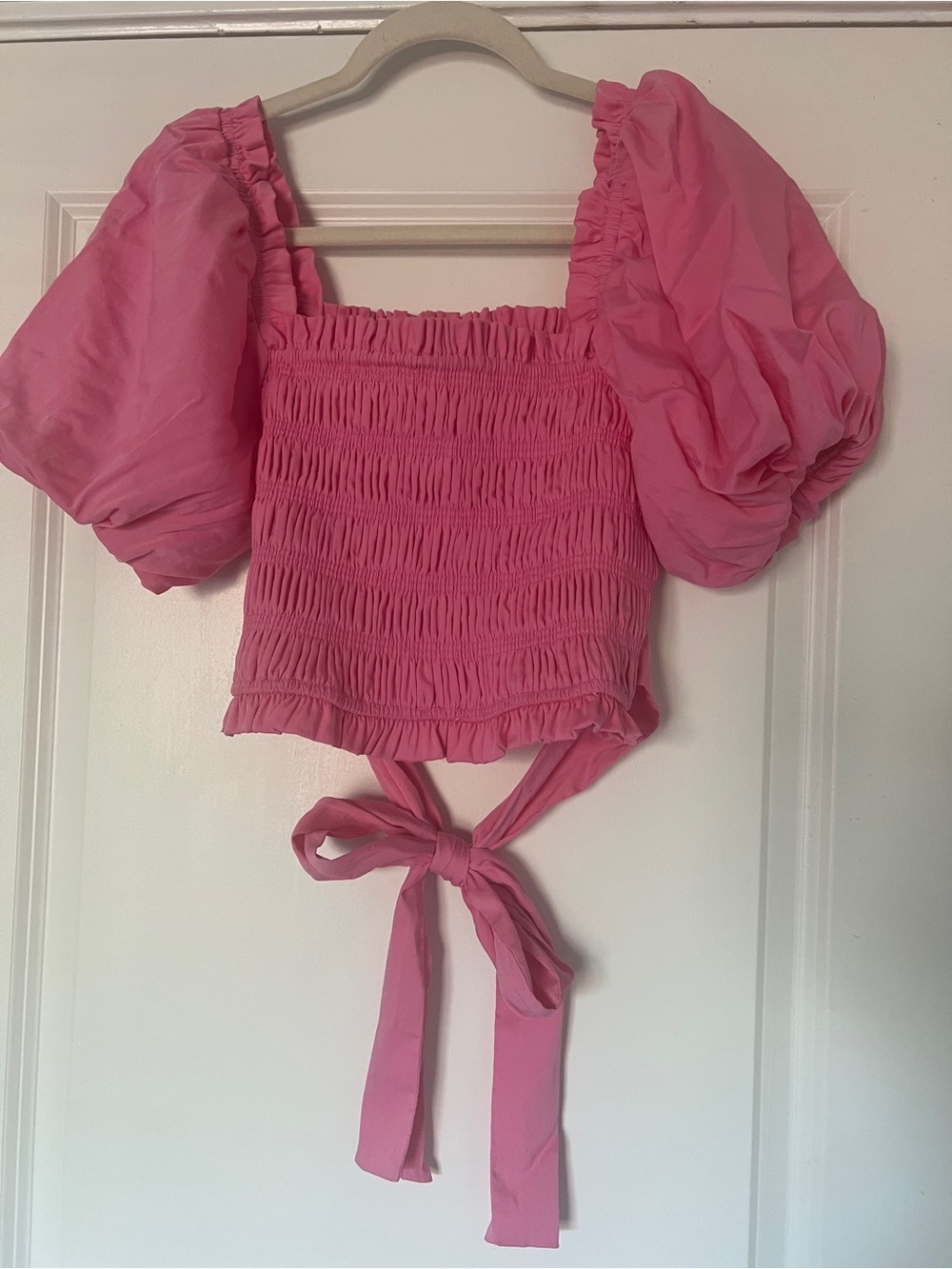 English Factory Pink Smocked Puff-Sleeve Tie-Back Crop Top